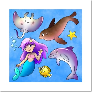 Mermaid With Ocean Friends Posters and Art